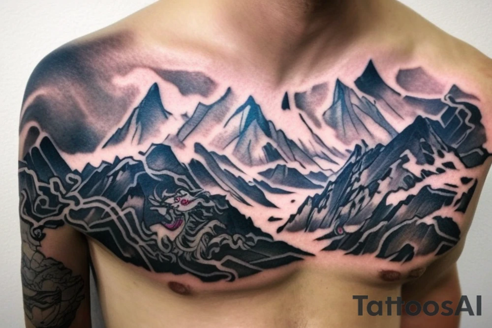 shoulder sleeve tattoo featuring an ascending Japanese dragon with silk like hair 
dragon clawing up the mountain Aiguille du midi in Chamonix, rocks breaking from claws
winter
dragon to be moving upwards
Background mountains tattoo idea