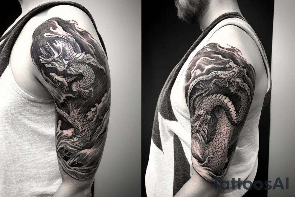 shoulder sleeve tattoo featuring an ascending Japanese dragon with silk like hair 
dragon clawing up the mountain Aiguille du midi in Chamonix, rocks breaking from claws
winter
dragon to be moving upwards
Background mountains tattoo idea