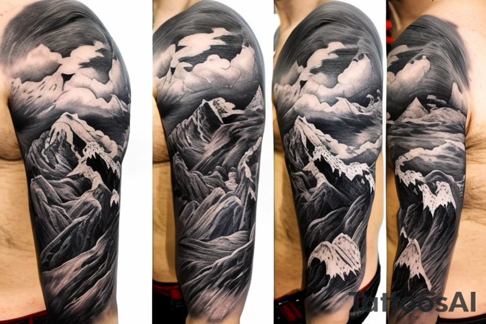 shoulder sleeve tattoo featuring an ascending Japanese dragon with silk like hair 
dragon clawing up the mountain Aiguille du midi in Chamonix, rocks breaking from claws
winter
dragon to be moving upwards
Background mountains tattoo idea