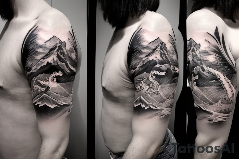 shoulder sleeve tattoo featuring an ascending Japanese dragon with silk like hair 
dragon clawing up the mountain Aiguille du midi in Chamonix, rocks breaking from claws
winter
dragon to be moving upwards
Background mountains tattoo idea