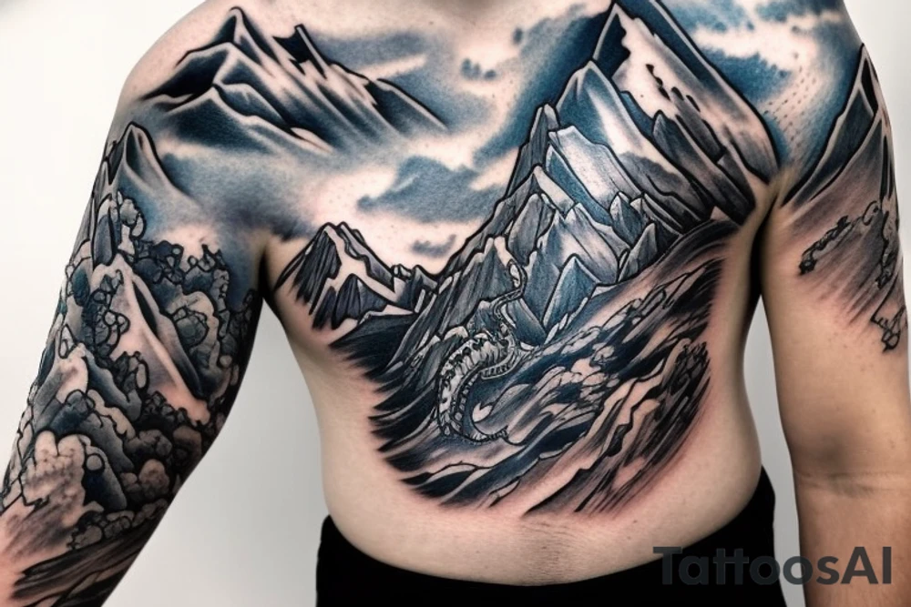 shoulder sleeve tattoo featuring an ascending Japanese dragon with silk like hair 
dragon clawing up the mountain Aiguille du midi in Chamonix, rocks breaking from claws
winter
dragon to be moving upwards
Background mountains tattoo idea