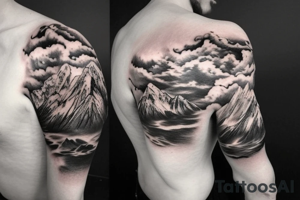 shoulder sleeve tattoo featuring an ascending Japanese dragon with silk like hair 
dragon clawing up the mountain Aiguille du midi in Chamonix, rocks breaking from claws
winter
dragon to be moving upwards
Background mountains tattoo idea