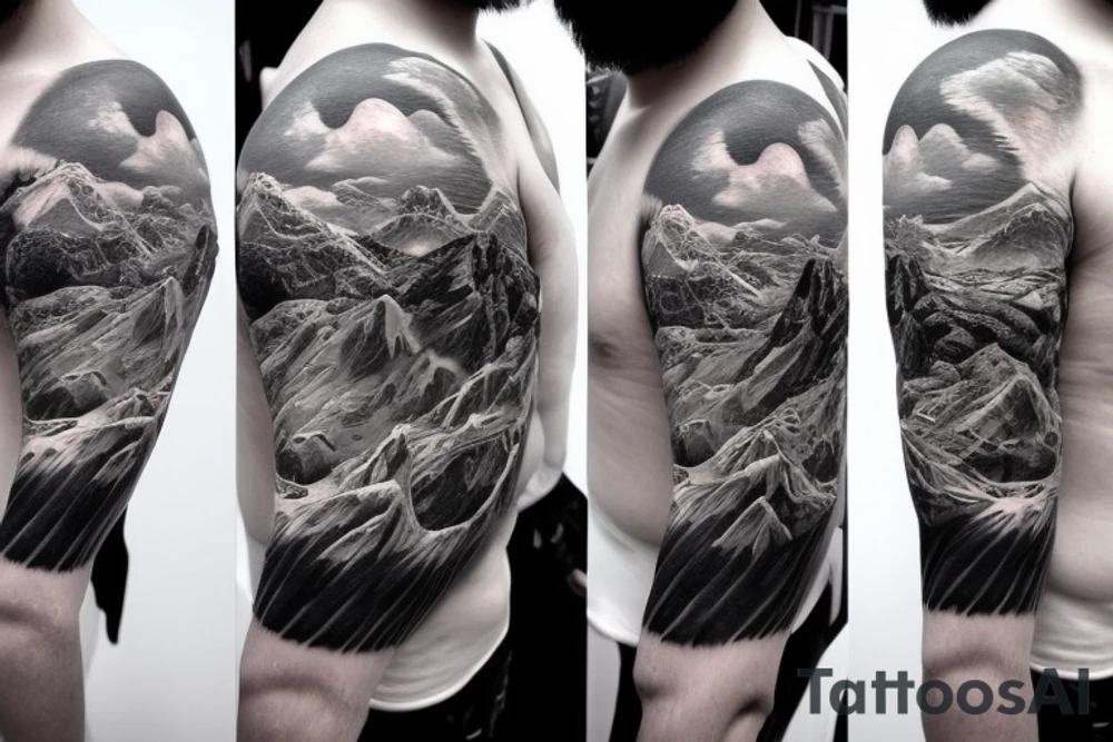 shoulder sleeve tattoo featuring an ascending Japanese dragon with silk like hair 
dragon clawing up the mountain Aiguille du midi in Chamonix, rocks breaking from claws
winter
high detail
dragon to be moving upwards
Background mountains tattoo idea
