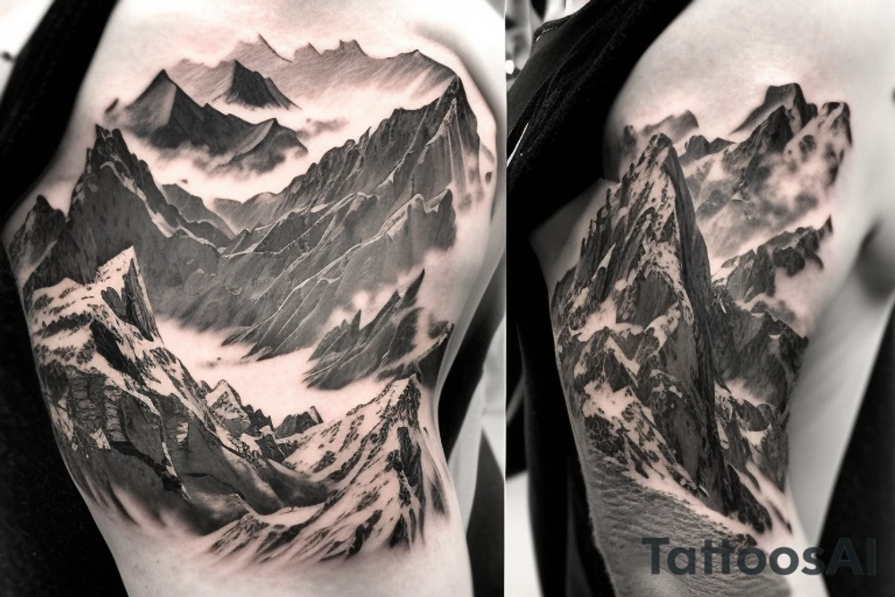 shoulder sleeve tattoo featuring an ascending Japanese dragon with silk like hair 
dragon clawing up the mountain Aiguille du midi in Chamonix, rocks breaking from claws
winter
high detail
dragon to be moving upwards
Background mountains tattoo idea