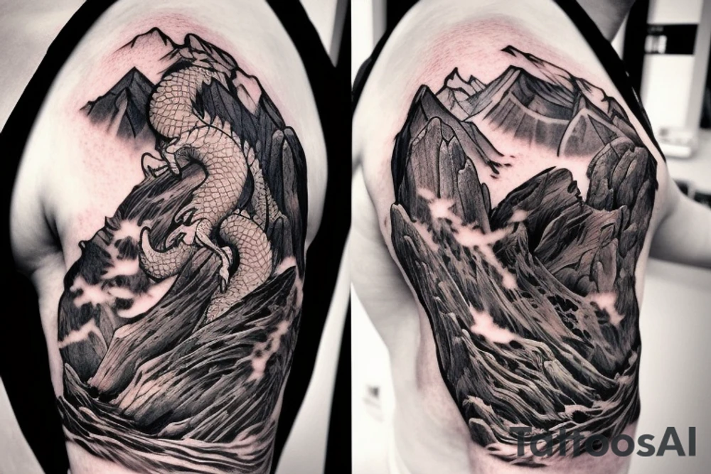 shoulder sleeve tattoo featuring an ascending Japanese dragon with silk like hair 
dragon is to be clawing up the mountain Aiguille du midi in Chamonix
rocks breaking from the dragons claws as it climbs
winter
high detail
Background mountains tattoo idea