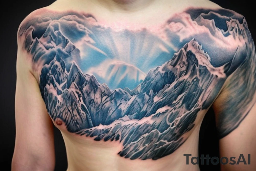 shoulder sleeve tattoo featuring an ascending Japanese dragon with silk like hair 
dragon is to be clawing up the mountain Aiguille du midi in Chamonix
rocks breaking from the dragons claws as it climbs
winter
high detail
Background mountains tattoo idea