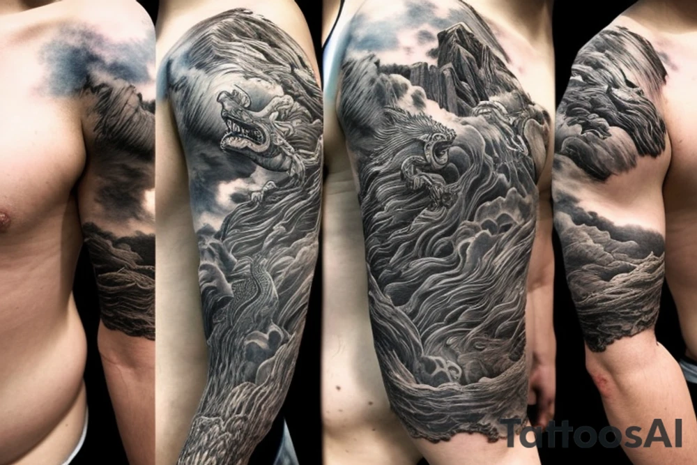 shoulder sleeve tattoo featuring an ascending Japanese dragon with silk like hair 
dragon is to be clawing up the mountain Aiguille du midi in Chamonix
rocks breaking from the dragons claws as it climbs
winter
high detail
Background mountains tattoo idea