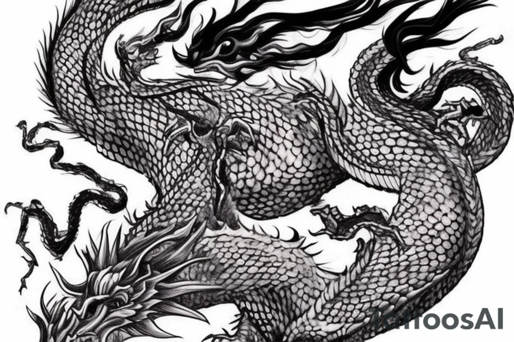 shoulder sleeve tattoo featuring an ascending Japanese dragon with silk like hair 
dragon is to be clawing up the mountain Aiguille du midi in Chamonix
rocks breaking from the dragons claws as it climbs
winter
high detail
Background mountains tattoo idea