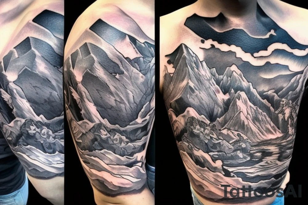 shoulder sleeve tattoo featuring an ascending Japanese dragon with silk like hair 
dragon is to be clawing up the mountain Aiguille du midi in Chamonix
rocks breaking from the dragons claws as it climbs
winter
high detail
Background mountains tattoo idea
