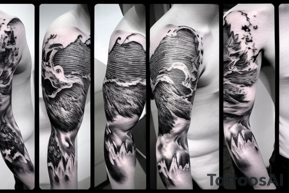 shoulder sleeve tattoo featuring an ascending Japanese dragon with silk like hair 
dragon is to be clawing up the mountain Aiguille du midi in Chamonix
rocks breaking from the dragons claws as it climbs
winter
high detail
Background mountains tattoo idea