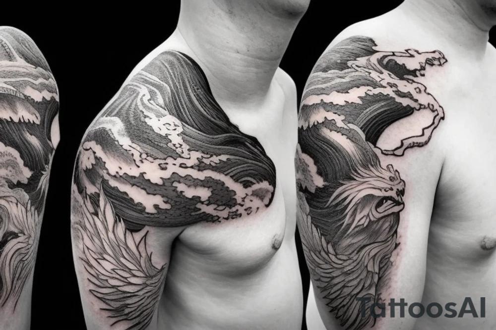 shoulder sleeve tattoo featuring an ascending Japanese dragon with silk like hair 
dragon is to be clawing up the mountain Aiguille du midi in Chamonix
rocks breaking from the dragons claws as it climbs
winter
high detail
Background mountains tattoo idea