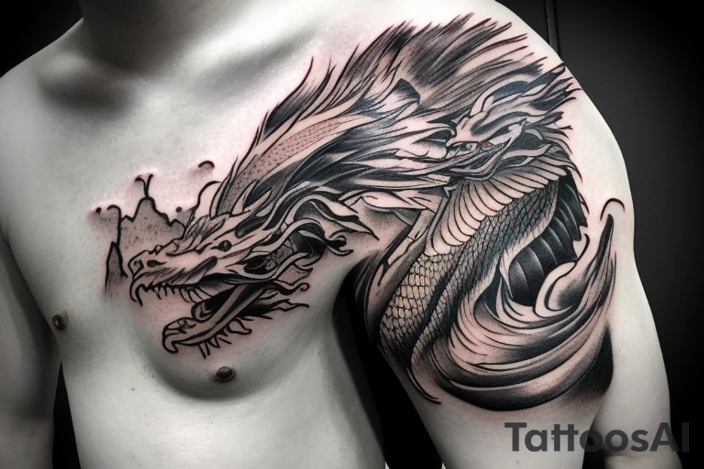 shoulder sleeve tattoo featuring an ascending Japanese dragon with silk like hair 
dragon is to be clawing up the mountain Aiguille du midi in Chamonix
rocks breaking from the dragons claws as it climbs
winter
high detail
Background mountains tattoo idea