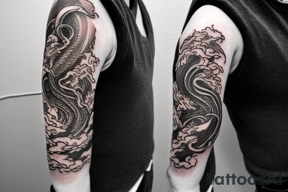 shoulder sleeve tattoo featuring an ascending Japanese dragon with silk-like hair 
dragon is to be clawing up the mountain Aiguille du midi in Chamonix
rocks breaking from the dragon's claws as it climbs
winter
high detail
Background mountains
energetic
proud tattoo idea