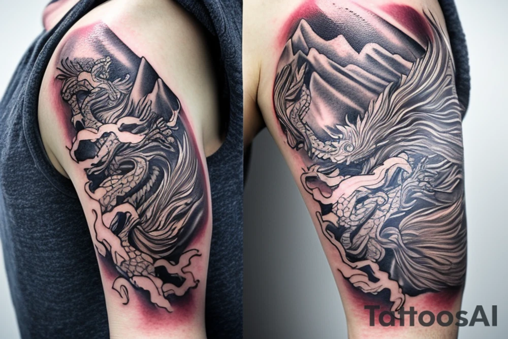 shoulder sleeve tattoo featuring an ascending Japanese dragon with silk-like hair 
dragon is to be clawing up the mountain Aiguille du midi in Chamonix
rocks breaking from the dragon's claws as it climbs
winter
high detail
Background mountains
energetic
proud tattoo idea