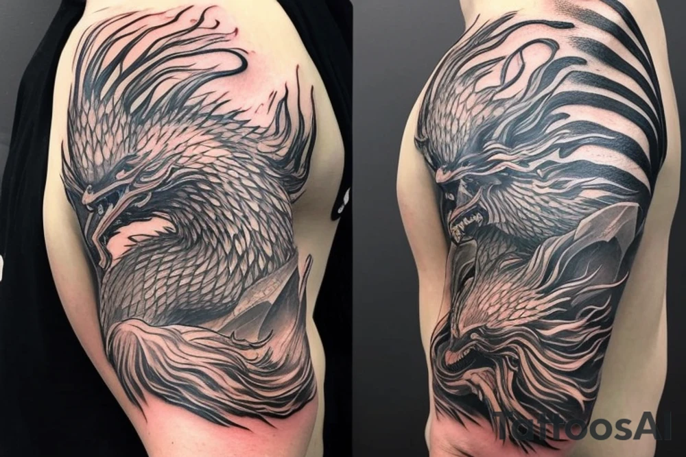 shoulder sleeve tattoo featuring an ascending Japanese dragon with silk-like hair and long claws on feet
dragon is to be clawing up the mountain Aiguille du midi in Chamonix
rocks breaking from the dragon's claws as it climbs
winter
high detail
Background mountains
energetic
proud tattoo idea