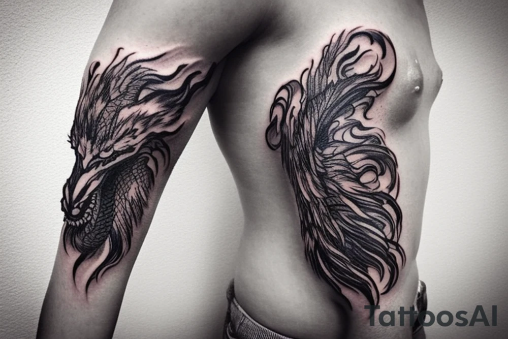 shoulder sleeve tattoo featuring an ascending Japanese dragon with silk-like hair and long claws on feet
dragon is to be clawing up the mountain Aiguille du midi in Chamonix
rocks breaking from the dragon's claws as it climbs
winter
high detail
Background mountains
energetic
proud tattoo idea