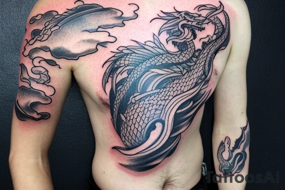 shoulder sleeve tattoo featuring an ascending Japanese dragon with silk-like hair and long claws on feet
dragon is to be clawing up the mountain Aiguille du midi in Chamonix
rocks breaking from the dragon's claws as it climbs
winter
high detail
Background mountains
energetic
proud tattoo idea