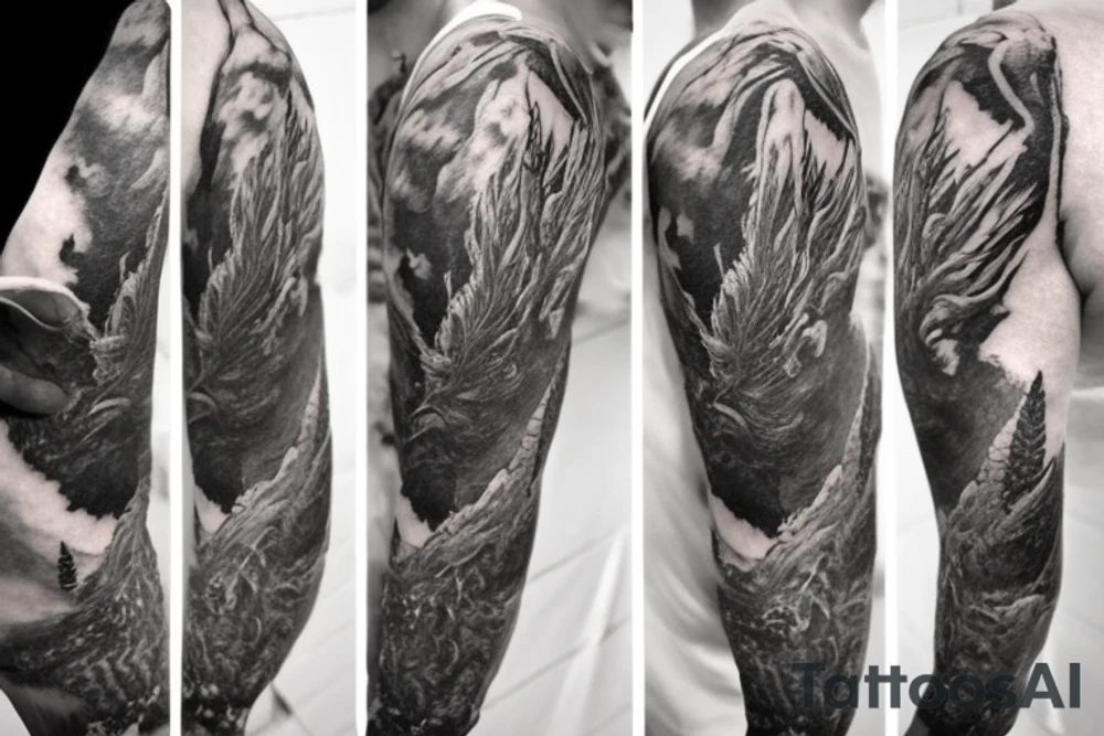 shoulder sleeve tattoo featuring an ascending Japanese dragon with silk-like hair and long claws on feet
dragon is to be clawing up the mountain Aiguille du midi in Chamonix
rocks breaking from the dragon's claws as it climbs
winter
high detail
Background mountains
energetic
proud tattoo idea