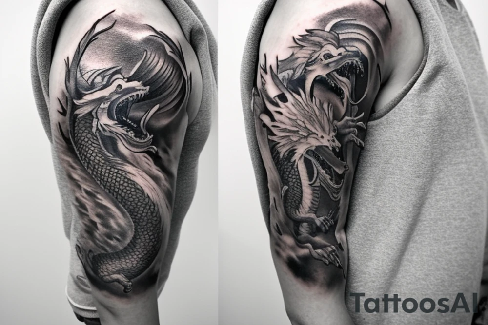 shoulder sleeve tattoo featuring an ascending Japanese dragon with silk-like hair and long claws on feet
dragon is to be clawing up the mountain Aiguille du midi in Chamonix
rocks breaking from the dragon's claws as it climbs
winter
high detail
Background mountains
energetic
proud tattoo idea