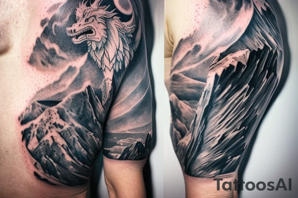 shoulder sleeve tattoo featuring an ascending Japanese dragon with silk-like hair and long claws on feet
dragon is to be clawing up the mountain Aiguille du midi in Chamonix
rocks breaking from the dragon's claws as it climbs
winter
high detail
Background mountains
energetic
proud tattoo idea