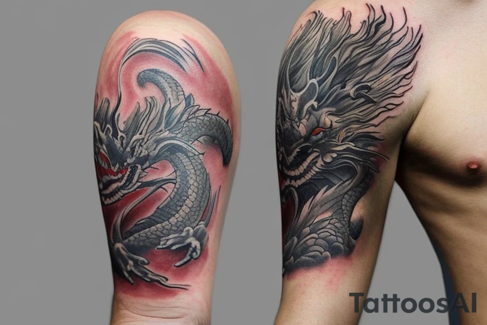 shoulder sleeve tattoo featuring an ascending Japanese dragon with silk-like hair and long claws on feet
dragon is to be clawing up the mountain Aiguille du midi in Chamonix
rocks breaking from the dragon's claws as it climbs
winter
high detail
Background mountains
energetic
proud tattoo idea