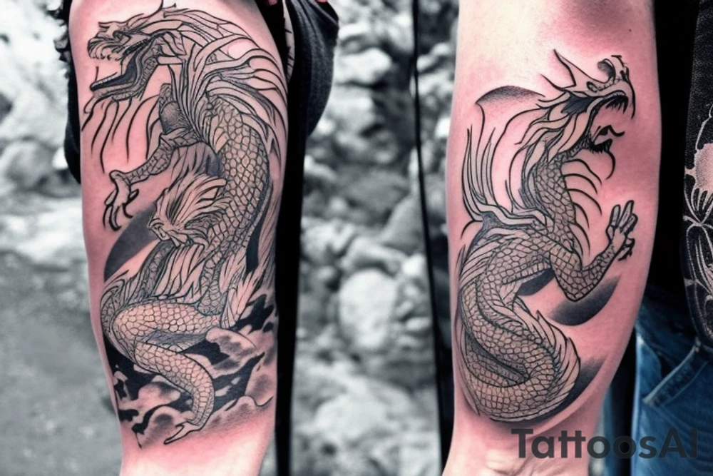 shoulder sleeve tattoo featuring an ascending Japanese dragon with silk-like hair and long claws on feet
dragon is to be clawing up the mountain Aiguille du midi in Chamonix
rocks breaking from the dragon's claws as it climbs
winter
high detail
Background mountains
energetic
proud tattoo idea