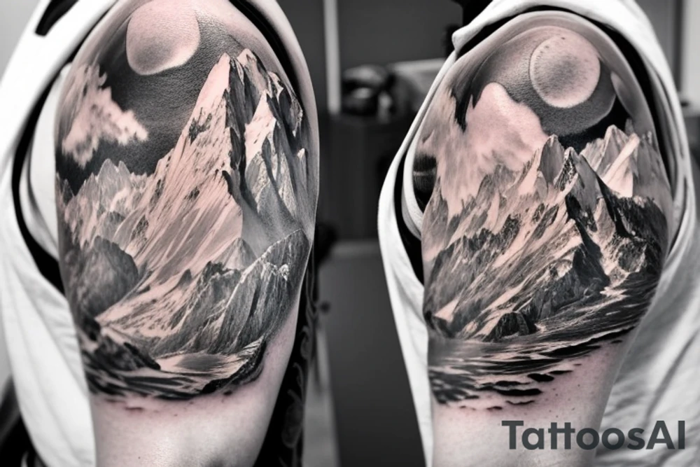 shoulder sleeve tattoo featuring an ascending Japanese dragon with silk-like hair and long claws on feet
dragon is to be clawing up the mountain Aiguille du midi in Chamonix
rocks breaking from the dragon's claws as it climbs
winter
high detail
Background mountains
energetic
proud tattoo idea