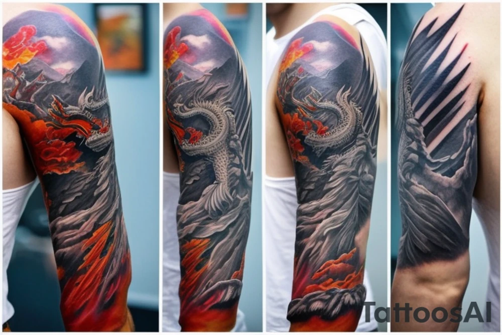 shoulder sleeve tattoo featuring an ascending Japanese dragon with silk-like hair and long claws on feet
dragon is to be clawing up the mountain Aiguille du midi in Chamonix
rocks breaking from the dragon's claws as it climbs
winter
high detail
Background mountains
energetic
proud tattoo idea
