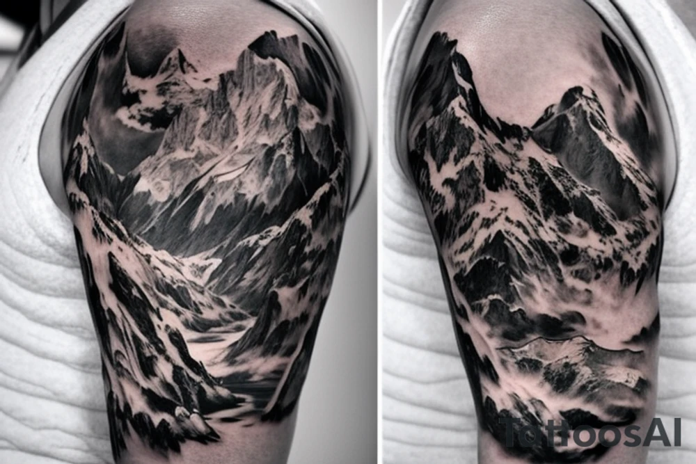 shoulder sleeve tattoo featuring an ascending Japanese dragon with silk-like hair and long claws on feet
dragon is to be clawing up the mountain Aiguille du midi in Chamonix
rocks breaking from the dragon's claws as it climbs
winter
high detail
Mountains in the background behind the dragon
energetic
proud tattoo idea