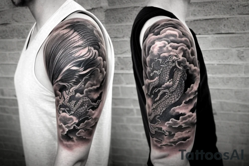shoulder sleeve tattoo featuring an ascending Japanese dragon with silk-like hair and long claws on feet
dragon is to be clawing up the mountain Aiguille du midi in Chamonix
rocks breaking from the dragon's claws as it climbs
winter
high detail
Mountains in the background behind the dragon
energetic
proud tattoo idea