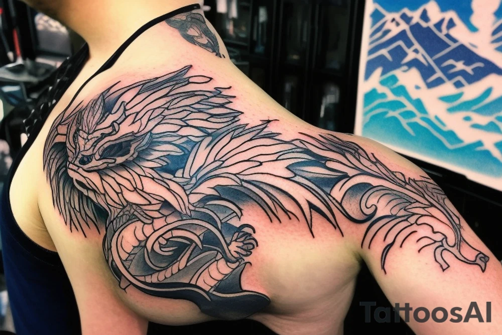 shoulder sleeve tattoo featuring an ascending Japanese dragon with silk-like hair and long claws on feet
dragon is to be clawing up the mountain Aiguille du midi in Chamonix
rocks breaking from the dragon's claws as it climbs
winter
high detail
Mountains in the background behind the dragon
energetic
proud tattoo idea