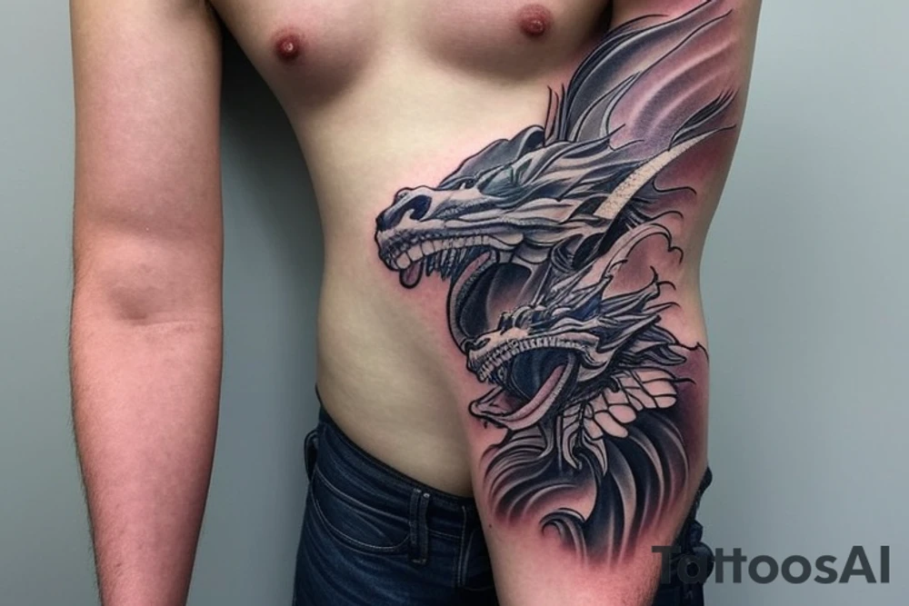 shoulder sleeve tattoo featuring an ascending Japanese dragon with silk-like hair and long claws on feet
dragon is to be clawing up the mountain Aiguille du midi in Chamonix
rocks breaking from the dragon's claws as it climbs
winter
high detail
energetic
proud tattoo idea
