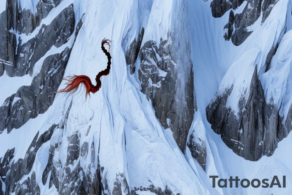 tattoo featuring an ascending Japanese dragon with silk-like hair and long claws on feet
dragon is to be clawing up the mountain Aiguille du midi in Chamonix
rocks breaking from the dragon's claws as it climbs
winter
high detail
energetic
proud tattoo idea