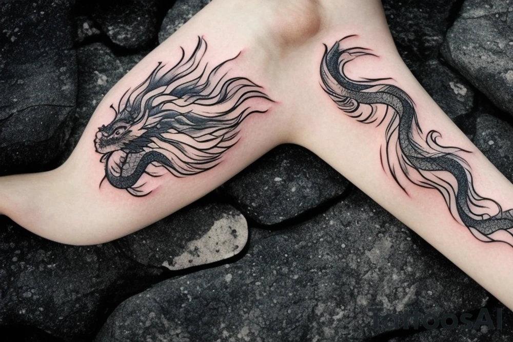 tattoo featuring an ascending Japanese dragon with silk-like hair and long claws on feet
dragon is to be clawing up the mountain Aiguille du midi in Chamonix
rocks breaking from the dragon's claws as it climbs
winter
high detail
energetic
proud tattoo idea