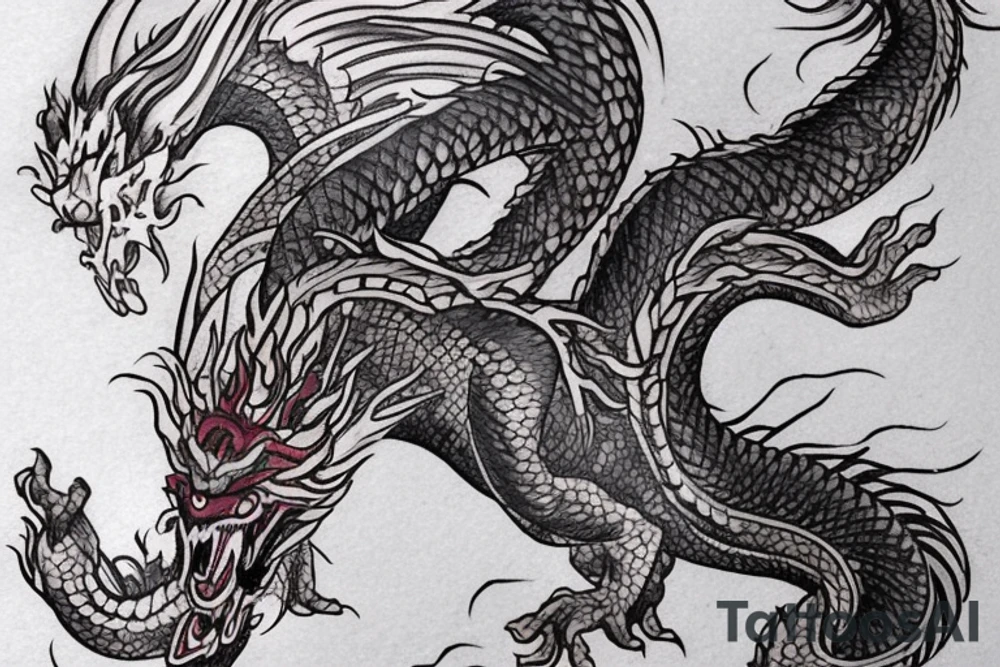tattoo featuring an ascending Japanese dragon with silk-like hair and long claws on feet
dragon is to be clawing up the mountain Aiguille du midi in Chamonix
rocks breaking from the dragon's claws as it climbs
winter
high detail
energetic
proud tattoo idea