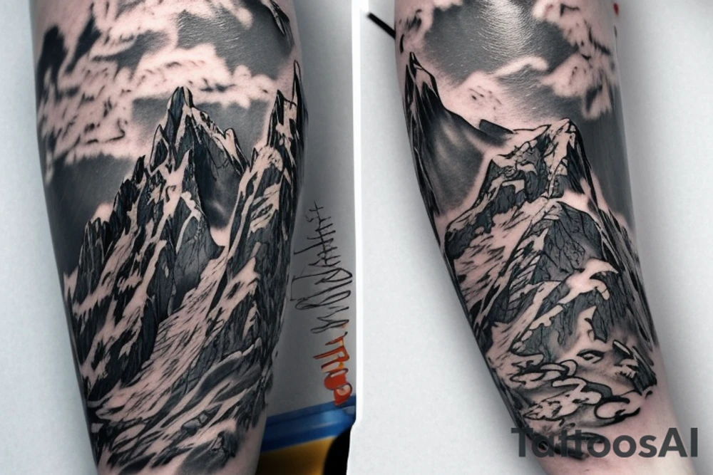 tattoo featuring an ascending Japanese dragon with silk-like hair and long claws on feet
dragon is to be clawing up the mountain Aiguille du midi in Chamonix
rocks breaking from the dragon's claws as it climbs
winter
high detail
energetic
proud tattoo idea