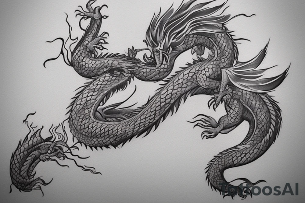 tattoo featuring an ascending Japanese dragon with silk-like hair and long claws on feet
dragon is to be clawing up the mountain Aiguille du midi in Chamonix
rocks breaking from the dragon's claws as it climbs
winter
high detail
energetic
proud tattoo idea