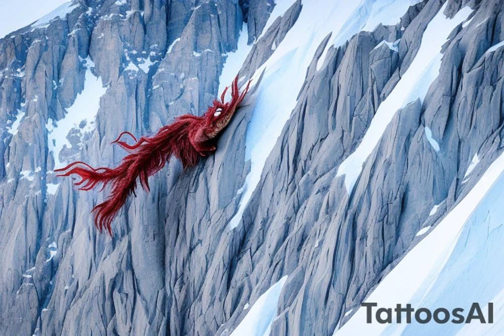tattoo featuring an ascending Japanese dragon with silk-like hair and long claws on feet
dragon is to be clawing up the mountain Aiguille du midi in Chamonix
rocks breaking from the dragon's claws as it climbs
winter
high detail
energetic
proud tattoo idea