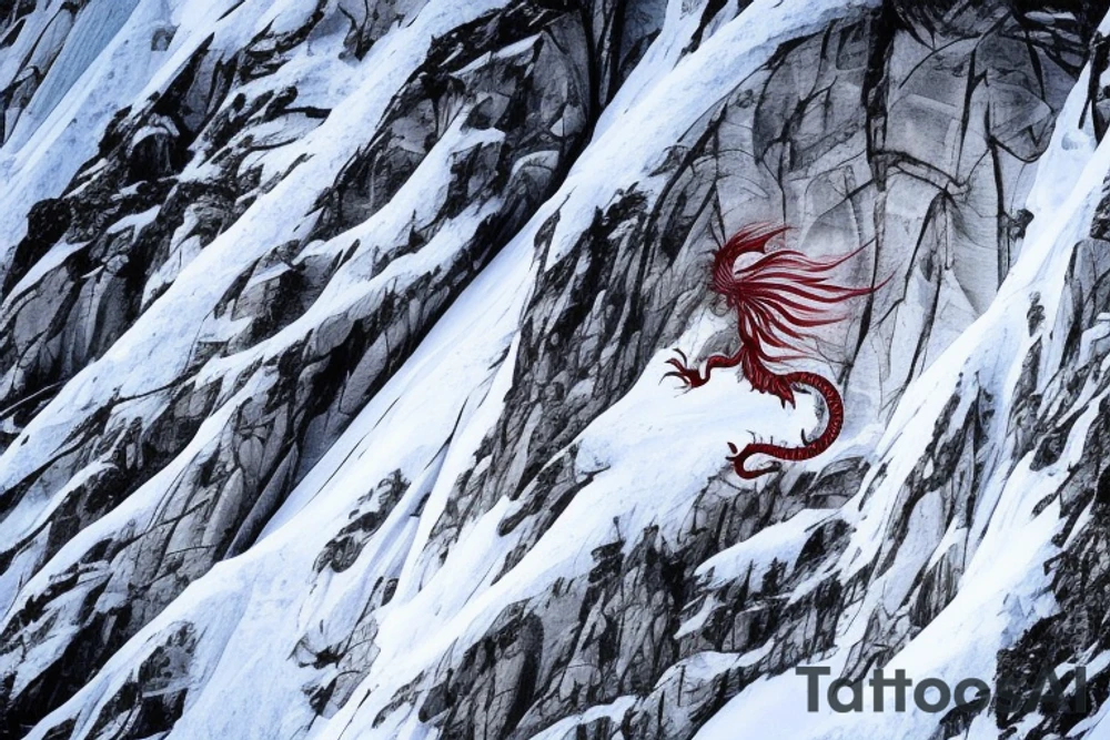 tattoo featuring an ascending Japanese dragon with silk-like hair and long claws on feet
dragon is to be clawing up the mountain Aiguille du midi in Chamonix
rocks breaking from the dragon's claws as it climbs
winter
high detail
energetic
proud tattoo idea