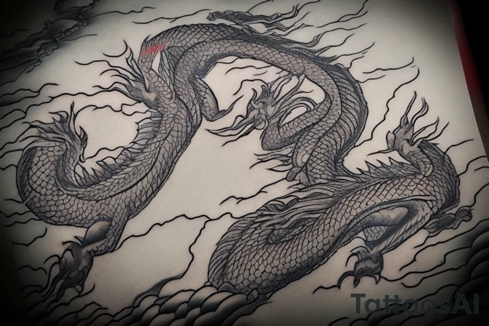 tattoo featuring an ascending Japanese dragon with silk-like hair and long claws on feet
dragon is to be clawing up the mountain Aiguille du midi in Chamonix
rocks breaking from the dragon's claws as it climbs
winter
high detail
energetic
proud tattoo idea