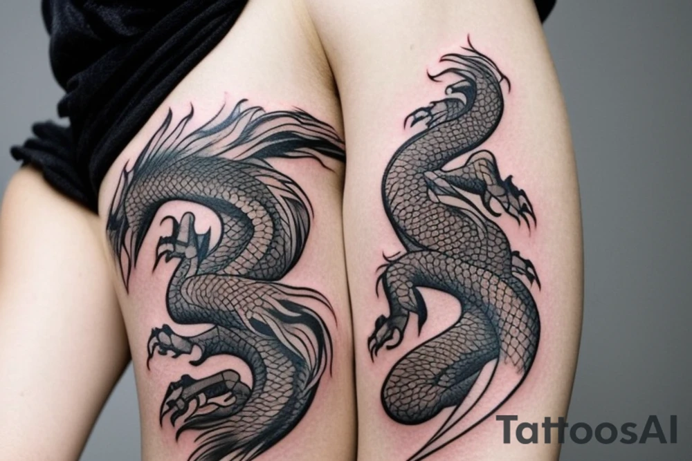 tattoo featuring an ascending Japanese dragon with silk-like hair and long claws on feet
dragon is to be clawing up the mountain Aiguille du midi in Chamonix
rocks breaking from the dragon's claws as it climbs
winter
high detail
energetic
proud tattoo idea