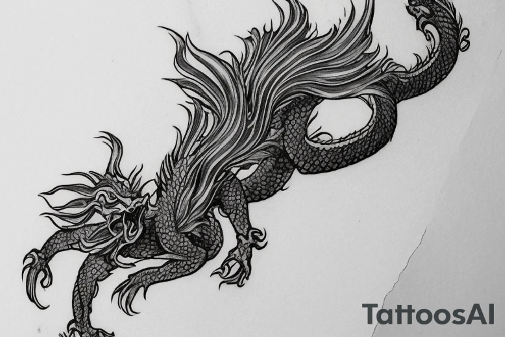 tattoo featuring an ascending Japanese dragon with silk-like hair and long claws on feet
dragon is to be clawing up the mountain Aiguille du midi in Chamonix
rocks breaking from the dragon's claws as it climbs
winter
high detail
energetic
proud tattoo idea