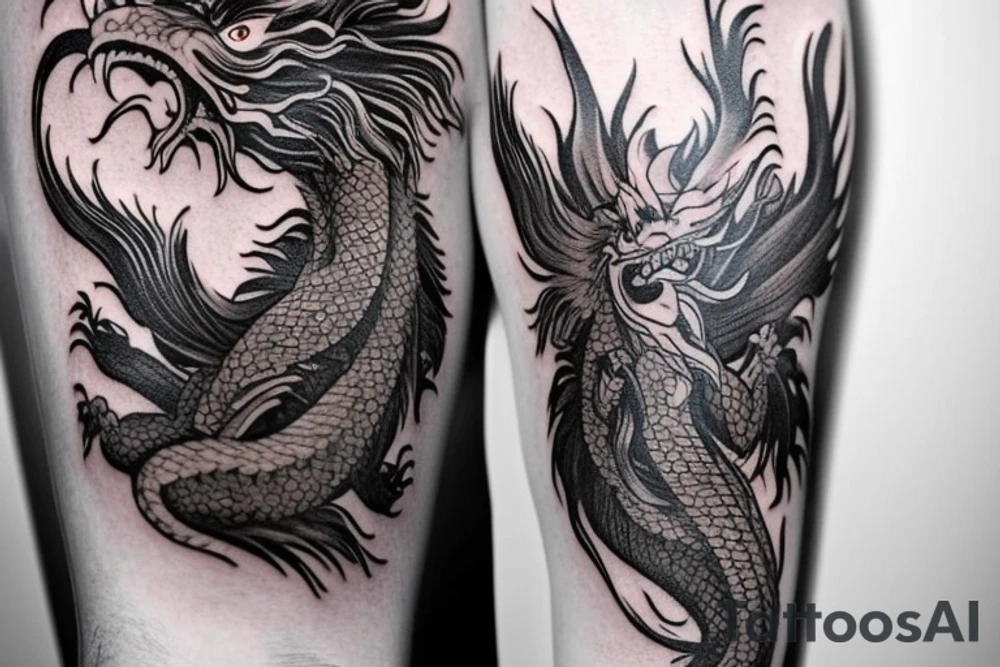 tattoo featuring an ascending Japanese dragon with silk-like hair and long claws on feet
dragon is to be clawing up the mountain Aiguille du midi in Chamonix
rocks breaking from the dragon's claws as it climbs
high detail
energetic
proud tattoo idea