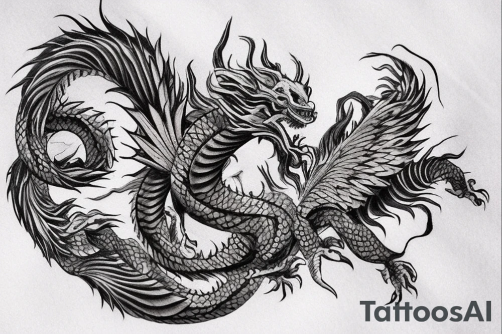 tattoo featuring an ascending Japanese dragon with silk-like hair and long claws on feet
dragon is to be clawing up the mountain Aiguille du midi in Chamonix
rocks breaking from the dragon's claws as it climbs
high detail
energetic
proud tattoo idea