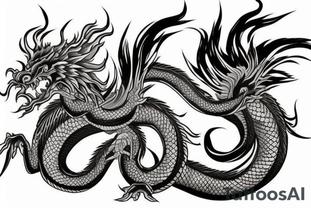 tattoo featuring an ascending Japanese dragon with silk-like hair and long claws on feet
dragon is to be clawing a mountain with rocks breaking from the dragon's claws as it climbs
high detail
energetic
proud tattoo idea