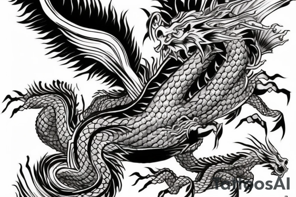 tattoo featuring an ascending Japanese dragon with silk-like hair and long claws on feet
dragon is to be clawing a mountain with rocks breaking from the dragon's claws as it climbs
high detail
energetic
proud tattoo idea