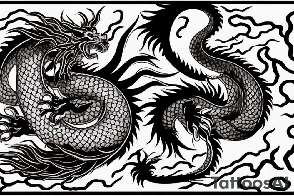 tattoo featuring an ascending Japanese dragon with silk-like hair and long claws on feet
dragon is to be clawing a mountain with rocks breaking from the dragon's claws as it climbs
high detail
energetic
proud tattoo idea