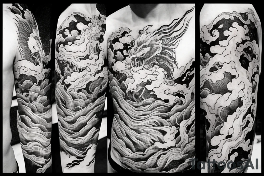 tattoo featuring an ascending Japanese dragon with silk-like hair and long claws on feet
dragon is to be clawing a mountain with rocks breaking from the dragon's claws as it climbs
high detail
energetic
proud tattoo idea