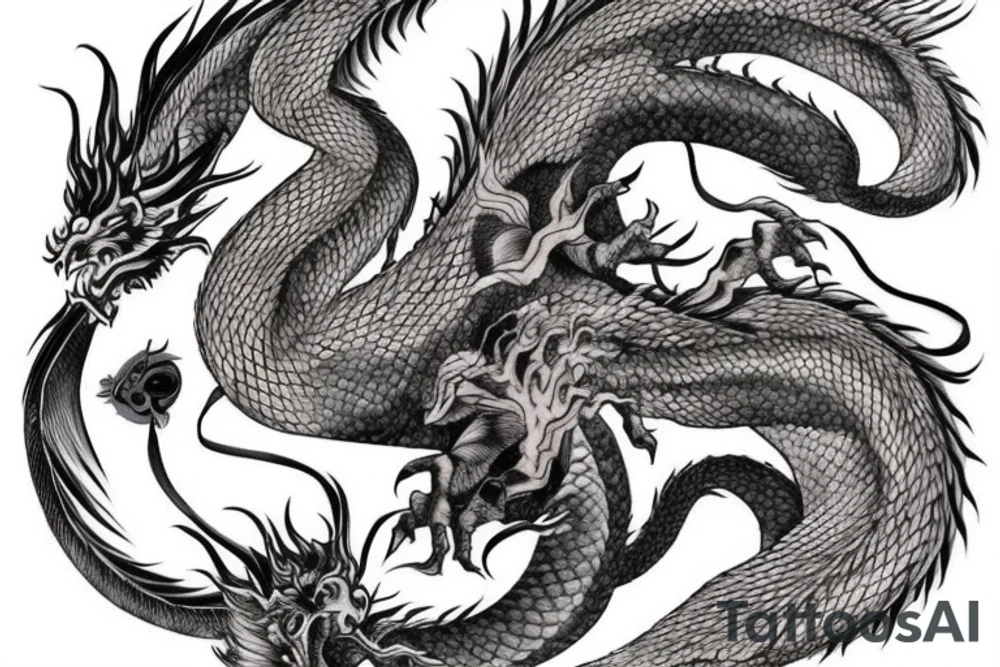 tattoo featuring an ascending Japanese dragon with silk-like hair and long claws on feet
dragon is to be clawing a mountain with rocks breaking from the dragon's claws as it climbs
high detail
energetic
proud tattoo idea