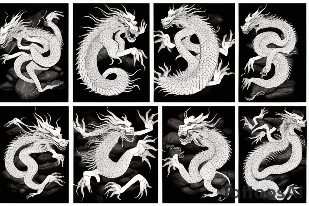tattoo featuring an ascending Japanese dragon with silk-like hair and long claws on feet
dragon is to be clawing a mountain with rocks breaking from the dragon's claws as it climbs
high detail
energetic
proud tattoo idea